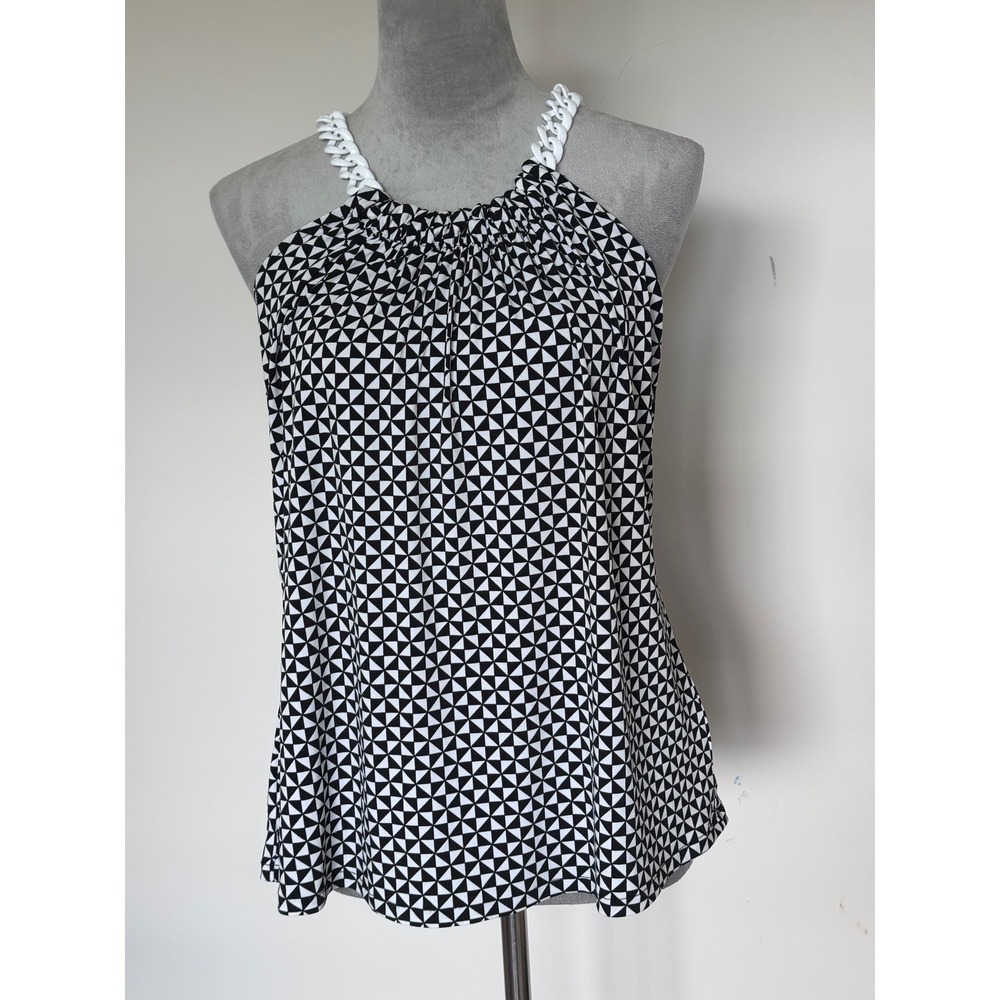Nine West Women Black White Geometric Triangle Halter Top Chain Link Straps M